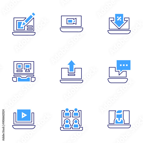 Wallpaper Mural Laptop icon set. Bold line style. Duotone colors. Editable stroke. web design, laptop, discount, electronics, upload, video tutorial, virtual event, videocall Torontodigital.ca