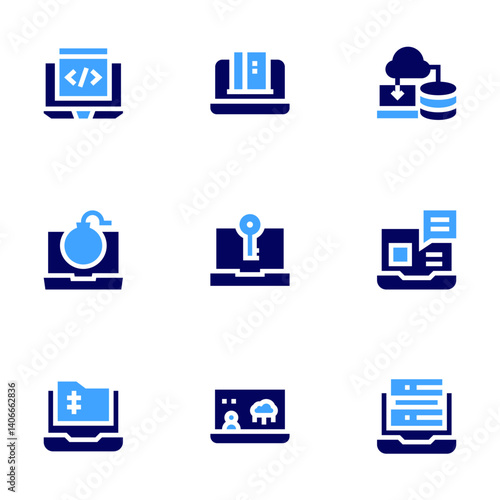 Laptop icon set. Bold style. Duotone colors. code, online banking, server, ddos, computer, video call, compressed file, forecaster, database