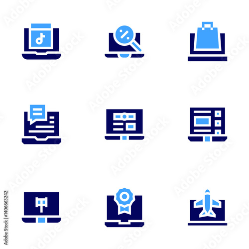 Laptop icon set. Bold style. Duotone colors. search, online shopping, news, online video, laptop, online booking, music, chat, online court