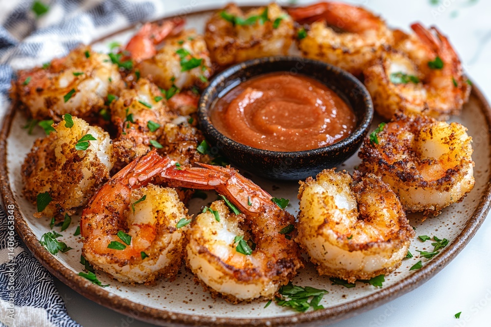 Fototapeta premium Shrimp served on a plate with a tangy sauce garnished with fresh herbs and spices, perfect for a casual gathering or family meal Generative AI
