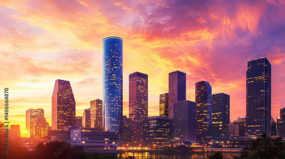 A dramatic city skyline at sunset, with skyscrapers glowing under the warm orange and pink hues of the evening sky. A dramatic city skyline at sunset, with skyscrapers glowing under the warm orange and pink hues of the evening sky.