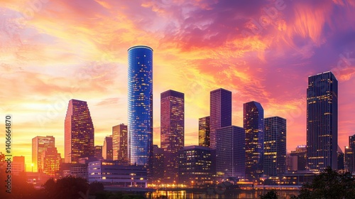 A dramatic city skyline at sunset, with skyscrapers glowing under the warm orange and pink hues of the evening sky.