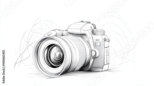 A hand-drawn sketch of a camera in black and white, with delicate linework, ideal for logos or creative digital content related to photography.
