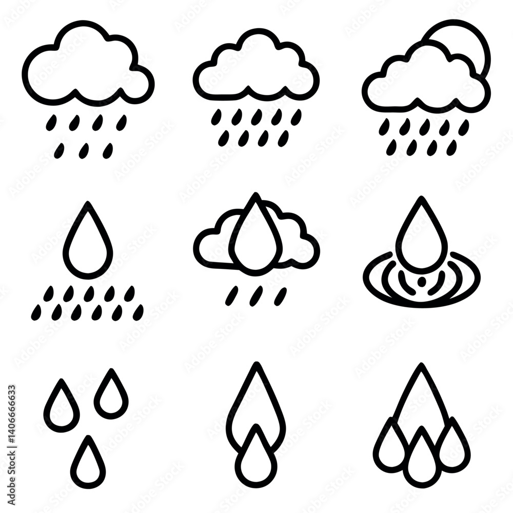 Simple Black Line Icons Depicting Water Droplets and Patterns Simple Black Line Icons Depicting Water Droplets and Patterns