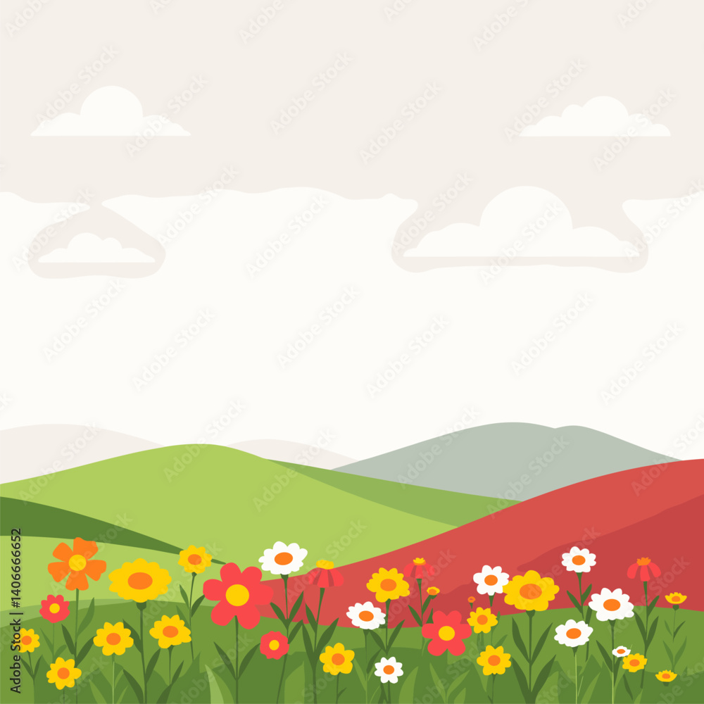 Spring Meadow Landscape: Vibrant Wildflowers Against Rolling Hills Spring Meadow Landscape: Vibrant Wildflowers Against Rolling Hills