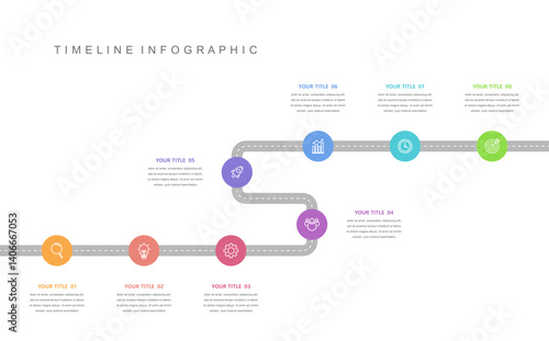 Business road map timeline infographic concept. with icons and 8 steps. Can be used for workflow layout, icons, diagram, report, web design Creative. marketing data. Vector illustration