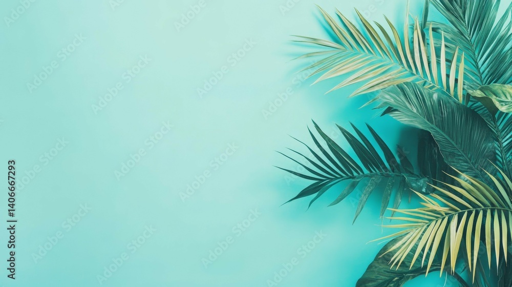 Fototapeta premium Tropical Palm Leaves Against Teal Background for Summer Vibes and Design