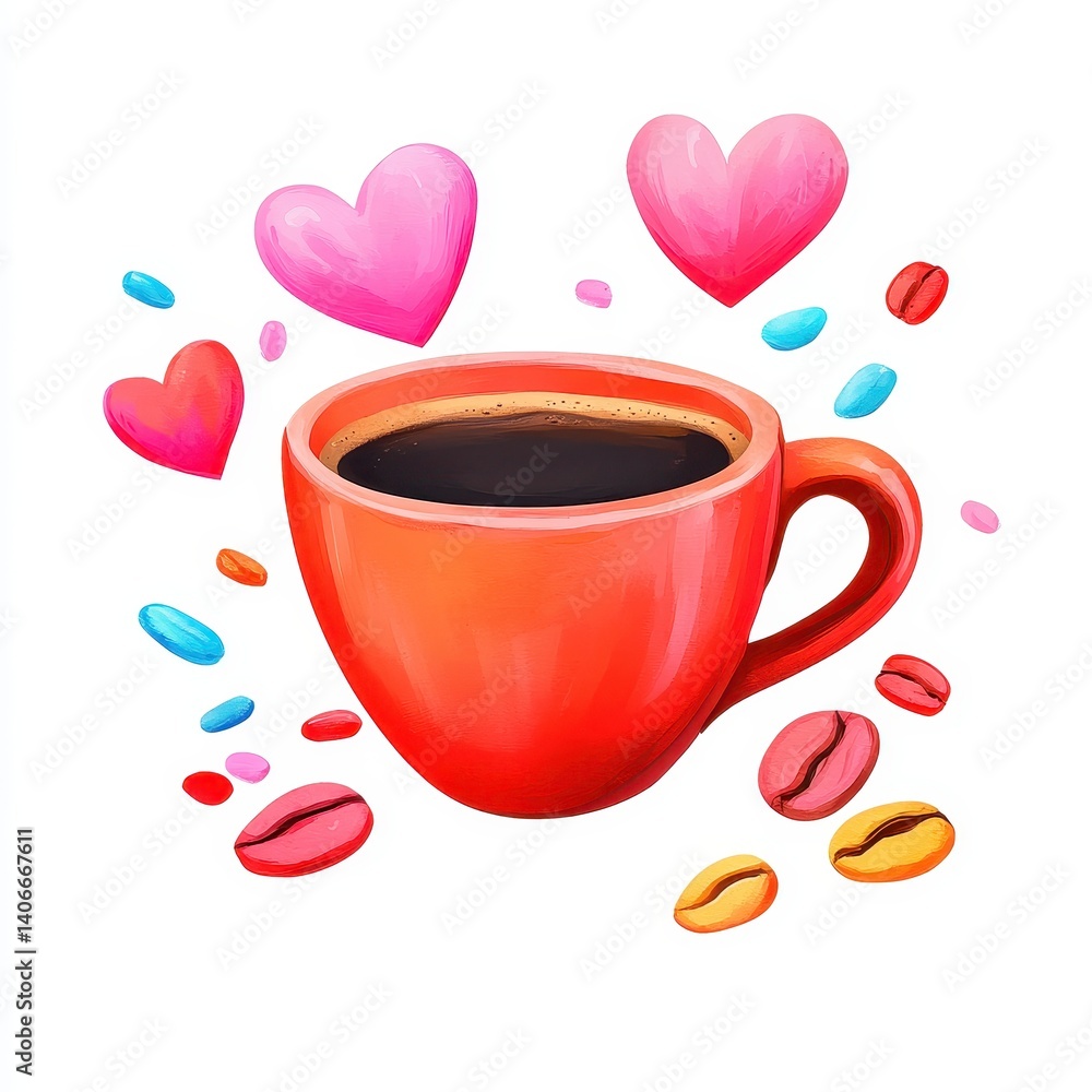 Obraz premium Colorful coffee cup illustration with hearts and coffee beans, perfect for cozy atmosphere or romantic themes in lifestyle and beverage contexts