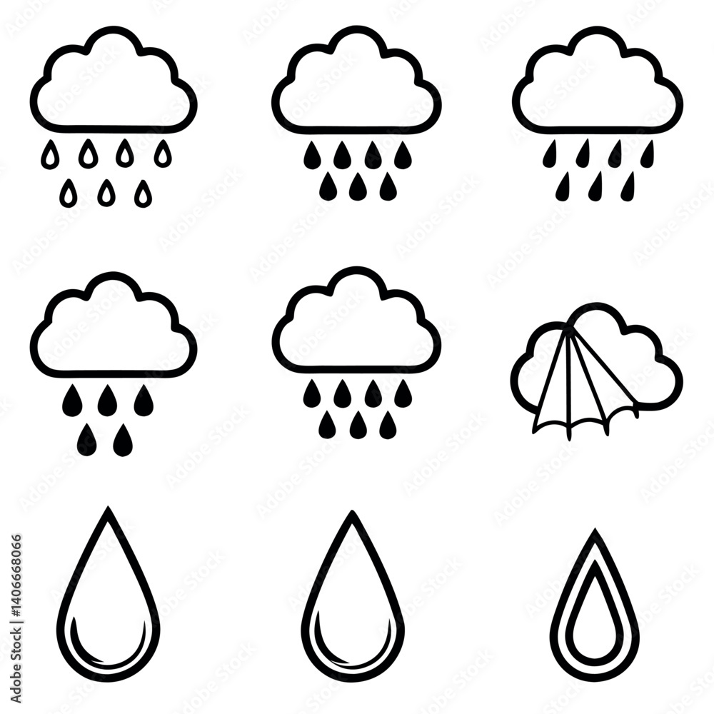 Simple Black Line Icons Depicting Water Droplets and Patterns Simple Black Line Icons Depicting Water Droplets and Patterns