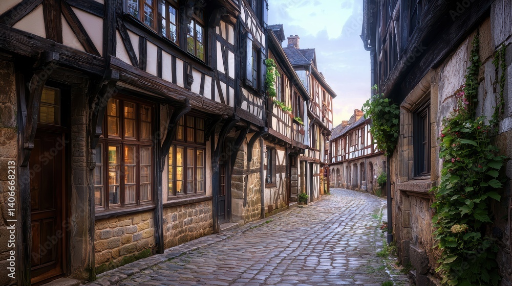 A narrow cobblestone street lined with half-timbered medieval houses, their wooden beams and stone facades glowing in soft twilight. A narrow cobblestone street lined with half-timbered medieval houses, their wooden beams and stone facades glowing in soft twilight.