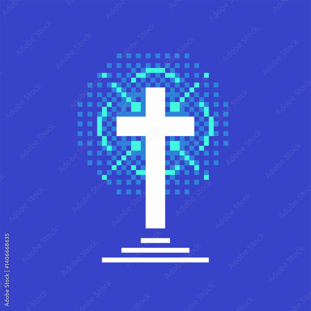 Obraz premium Blue Pixel Art Style Shining Christian Cross, Flat Artwork