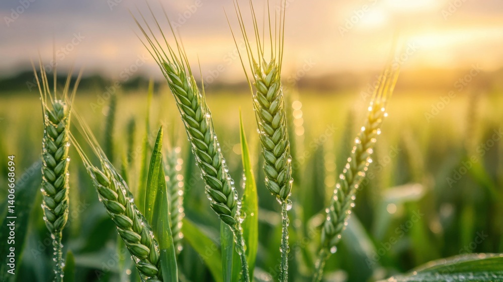 green wheat leaves covered in fresh raindrops