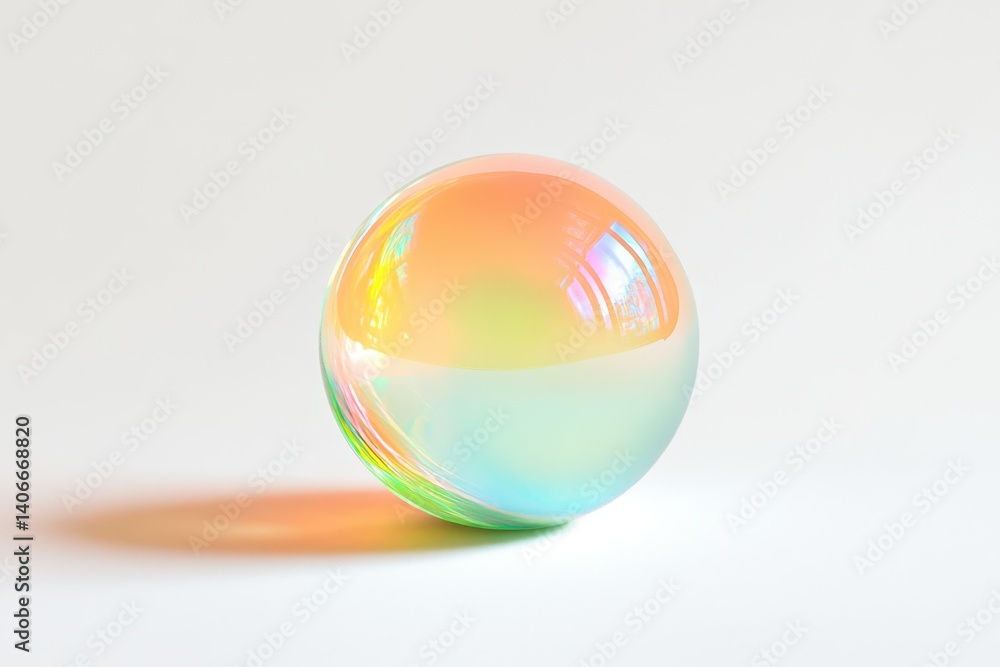 Iridescent glass sphere reflecting light, casting a soft shadow on a white background. Iridescent glass sphere reflecting light, casting a soft shadow on a white background.