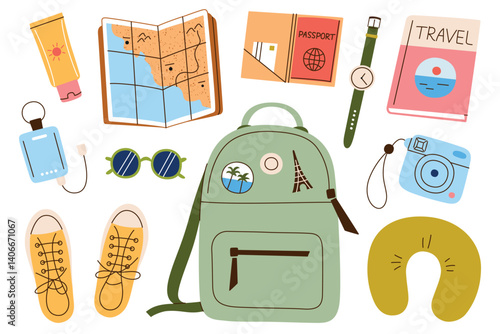 Flat cartoon illustration set, travel packing for women. Stylish vacation items and essentials for solo trip and summer holiday in doodle style, road trip backpack packing, vector icons collection