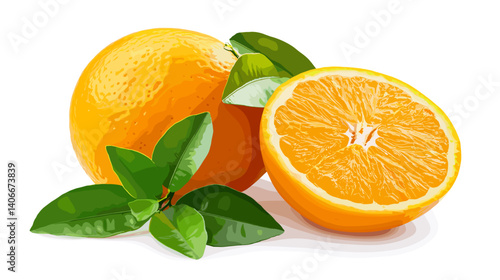 Freshly cut orange with vibrant pulp texture, cross-section view, detailed citrus pattern, isolated on white background.