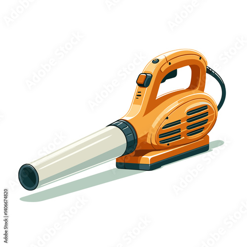 Orange leaf blower with white tube realistic illustration. Perfect for garden tools, landscaping equipment, and yard maintenance guides.