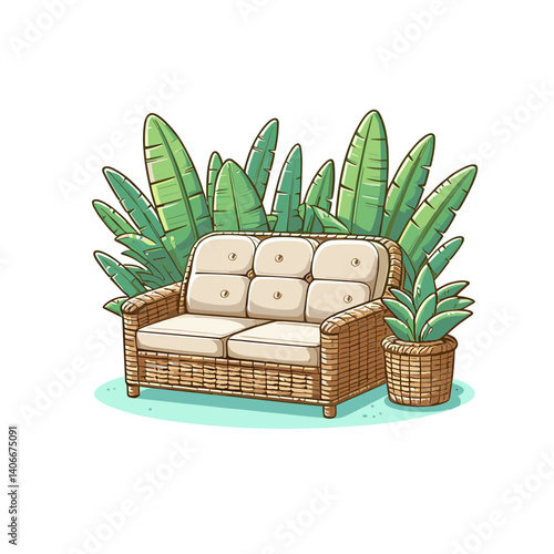 Rattan sofa with cushions and potted plants in beige and green. Perfect for interior design, home decor or eco-style illustrations.