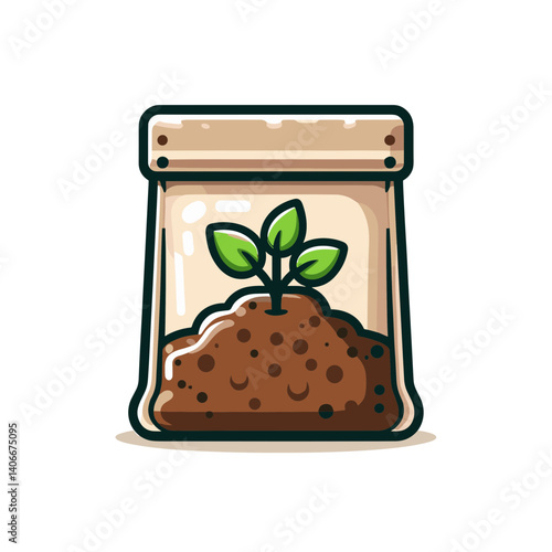 Seed packet with soil and young sprout in sealed bag. Perfect for gardening, plant growing or agriculture concept illustrations.