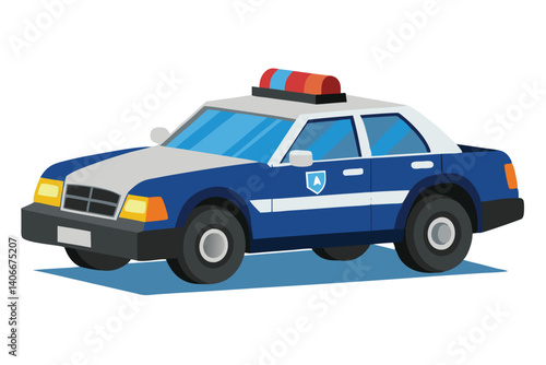 Flat Vector Graphic Of Blue And White Police Car Patroling Duty