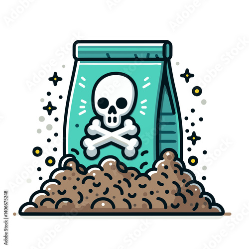 Toxic fertilizer bag with skull and crossbones. Ideal for environmental awareness, agricultural safety warnings, and gardening caution concepts.