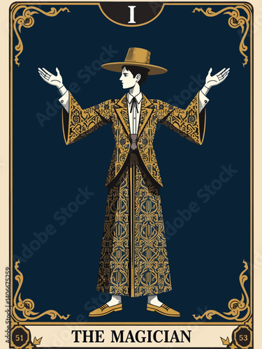  The Magician tarot card, Rider-Waite style, hand-drawn, vintage illustration style
