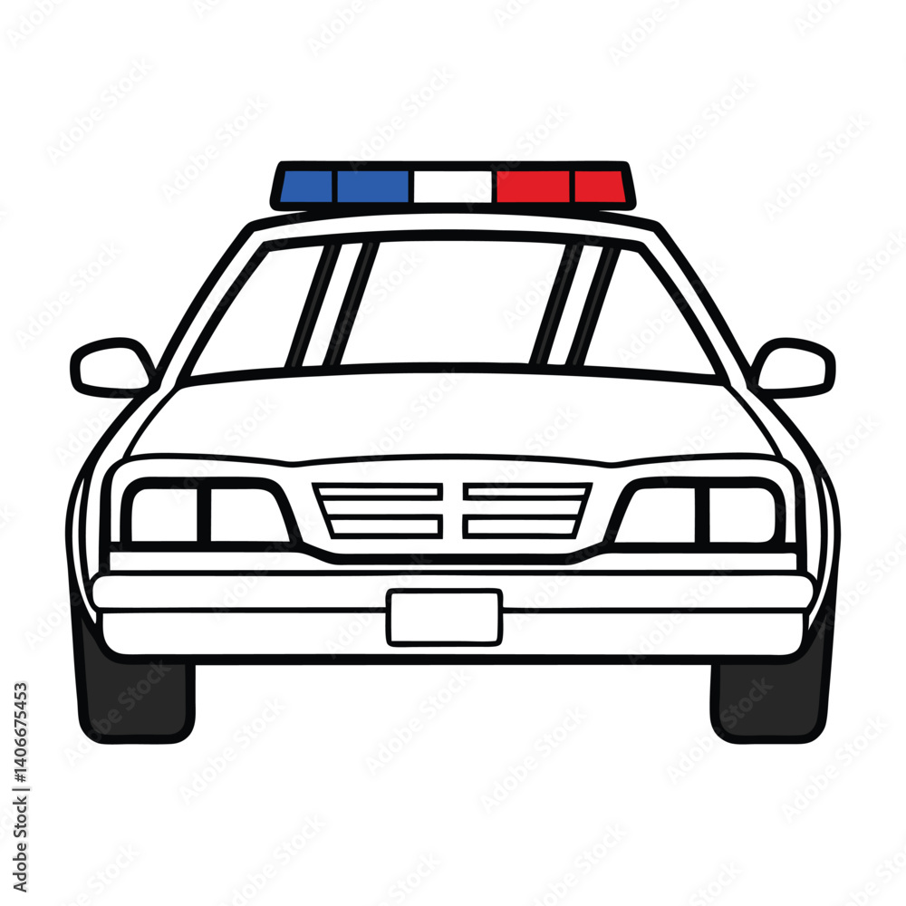 Front View Of A Police Car Vehicle With Lights Isolated On White Front View Of A Police Car Vehicle With Lights Isolated On White