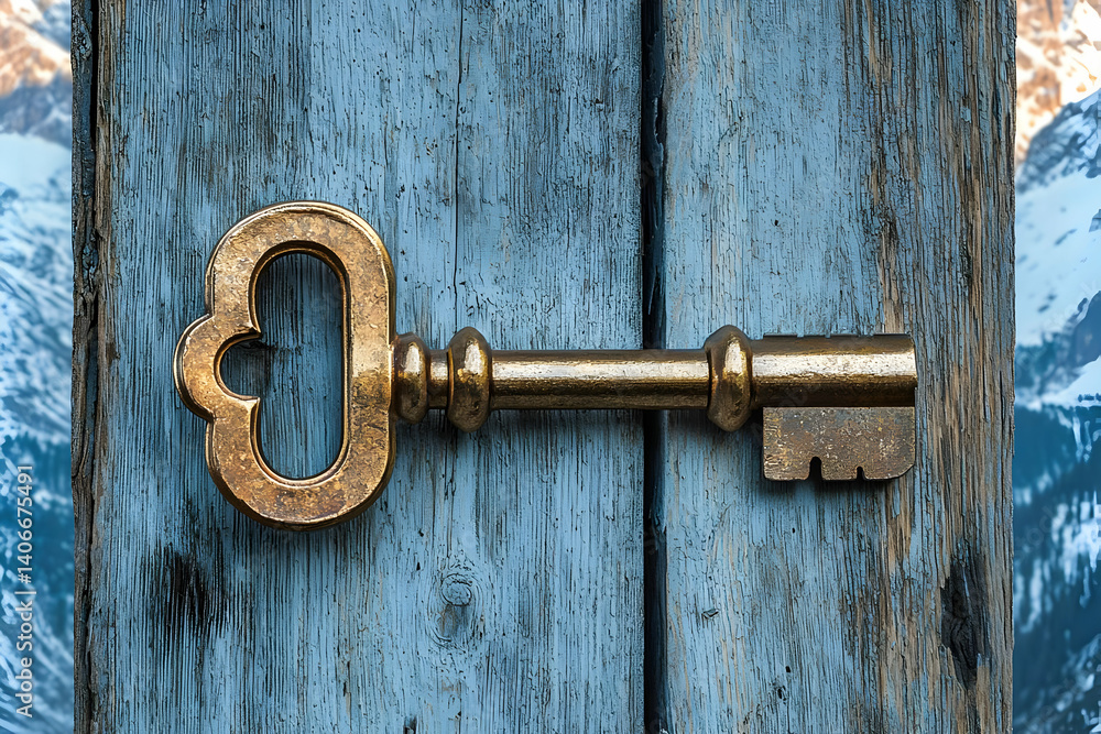 Antique Golden Key rests on Weathered Blue Wooden Background with Mountain View Antique Golden Key rests on Weathered Blue Wooden Background with Mountain View
