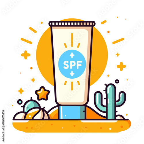 Sunscreen tube with SPF label in sunny beach setting. Essential for sun protection awareness, summer skincare, and vacation preparation guides.