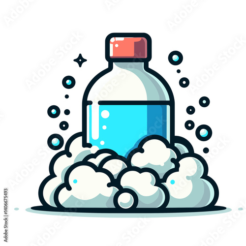 Vector illustration of soap bottle with foam bubbles, ideal for cleaning product marketing and bathroom toiletries advertising