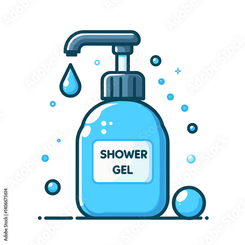 Blue shower gel pump bottle with water droplets. Perfect for personal hygiene, bathroom essentials or skincare product illustrations.