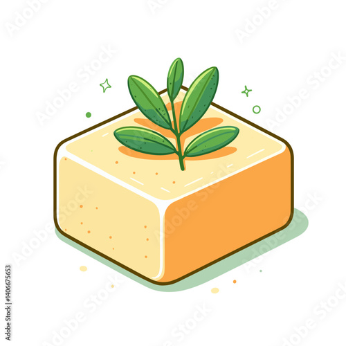 Natural soap bar with small plant in yellow color. Perfect for organic skincare, eco-friendly cosmetics or handmade products illustrations.