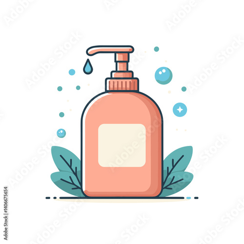 Peach liquid soap dispenser with green leaves and bubbles. Perfect for bathroom accessories, hand hygiene or skincare product illustrations.
