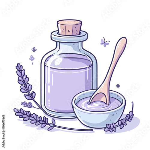 Lavender essential oil bottle with bowl and sprigs in purple tones. Perfect for aromatherapy, natural cosmetics, and wellness spa promotions.