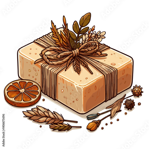 Natural handmade soap bar with dried herbs and botanicals. Ideal for organic skincare, artisanal cosmetics, and eco-friendly product branding.