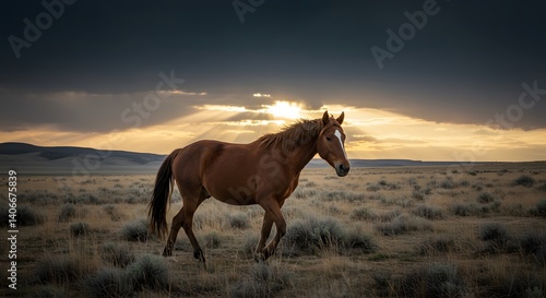 Horse Walking Across Field at Sunset Dramatic Sky