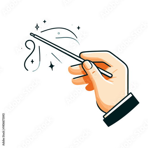Hand holding conductor's baton with musical flourish. Ideal for orchestra promotions, music education, and classical performance concepts.