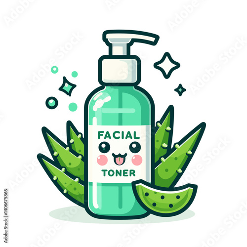 Facial toner with aloe vera leaves in green bottle. Ideal for natural skincare products, beauty routines, and organic cosmetic marketing.