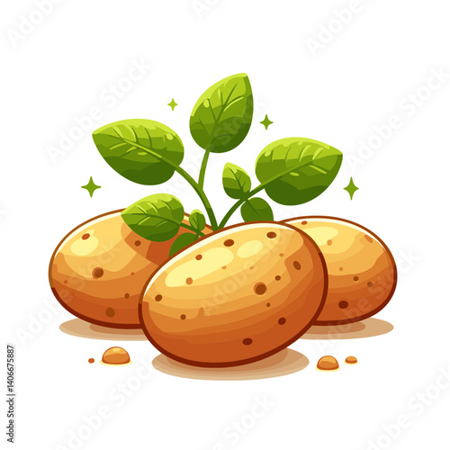 Potato tubers with green sprouts and leaves on beige background. Perfect for agriculture, cooking ingredients, and sustainable farming concepts.