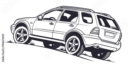 Monochrome Suv Ascending A Grassy Hillside Off Road Adventure Illustration