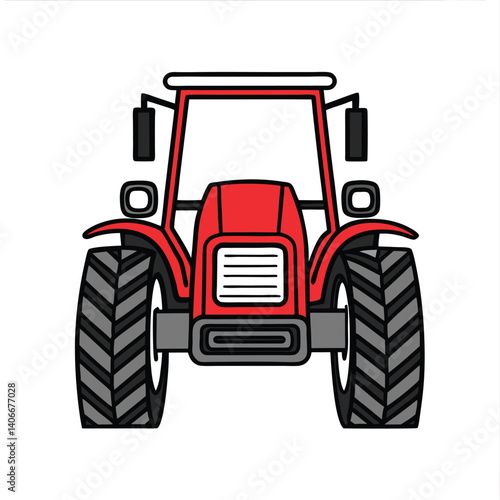 Red Tractor Vector Illustration Front View Agricultural Machine Farming Equipment