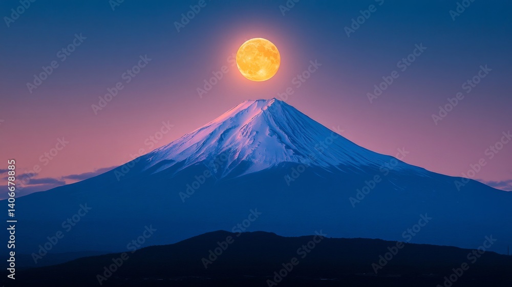 Fototapeta premium Large Orange Full Moon Over Snowy Mountain at Dusk