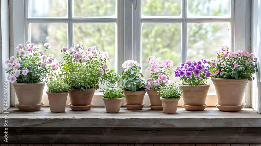 Obraz premium Flowers in Pots on a Windowsill