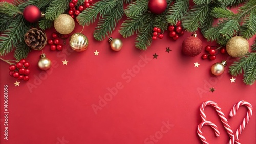 Merry Christmas background, Flat Lay Decorative Christmas Banner with Candy Canes, Ornaments, and Greenery on Vibrant Red Surface