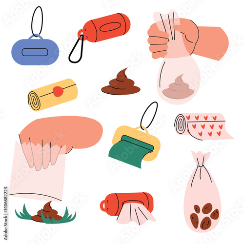 Flat illustration set of pet waste cleanup essentials poop bags, dispensers, hands using bags, sealed bags, and dog poop. Perfect for pet hygiene, responsible pet ownership, and dog walking tips