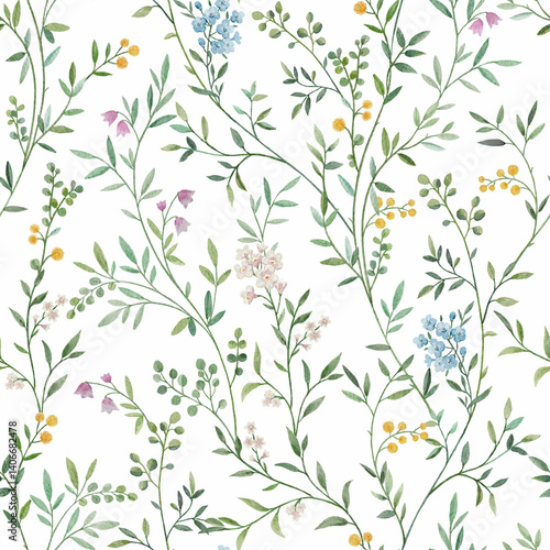 Seamless pattern with tree branches and leaves for surface design and other design projects. modern trend drawing in line art style. Delicate small leaves in watercolor style