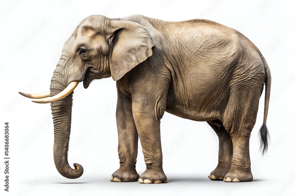 Obraz premium A majestic African elephant, its weathered skin telling tales of years under the sun, stands gracefully against a stark white backdrop, showcasing its powerful presence and gentle nature.