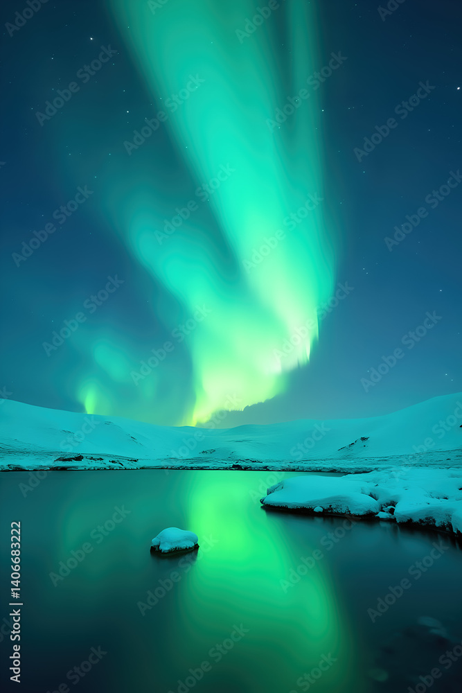 Naklejka premium Green aurora reflects in lake, snowy surroundings