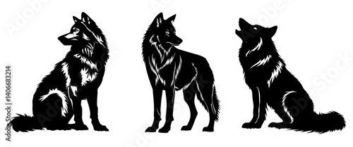 Set of three Silhouette wolfs vector illustration wildlife animal.