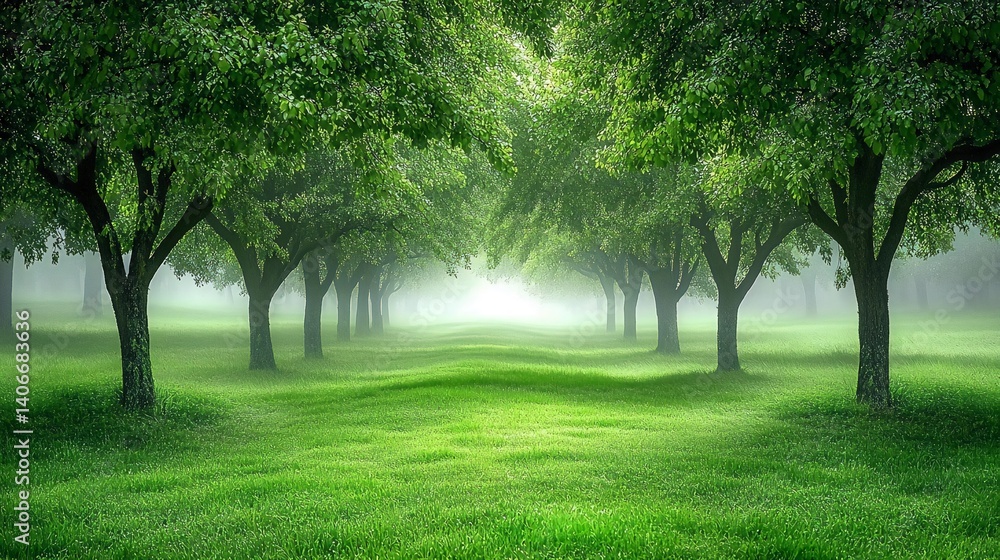 Fototapeta premium Misty morning, tree-lined path, green meadow, peaceful scene; nature backdrop