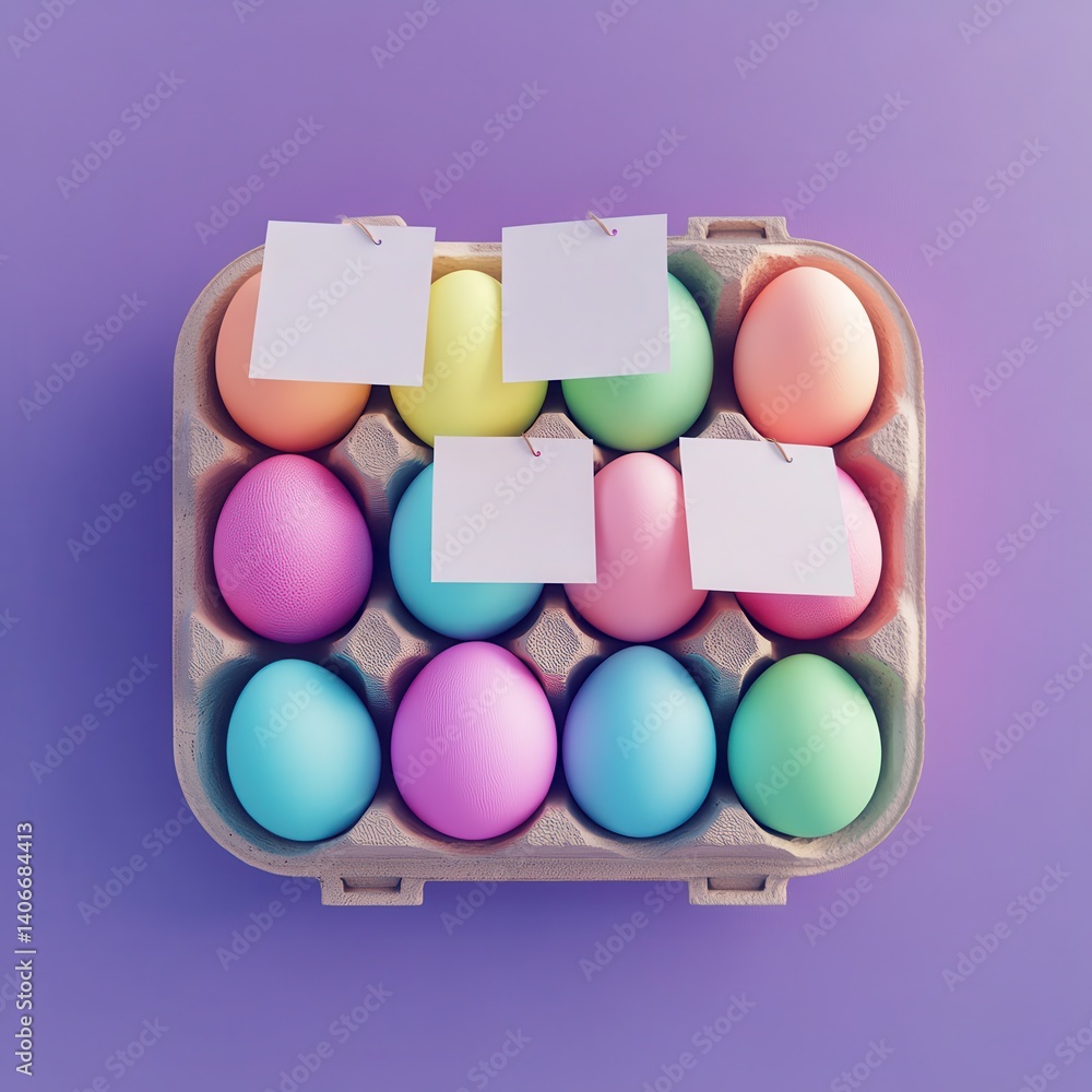 Fototapeta premium Colorful Easter eggs in a carton with blank notes